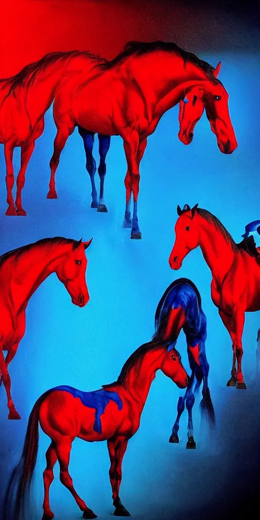 Prompt: red horses with blue riders, too many teeth, too many eyes, in hoc signo vinces, waterfall, in the style of gottfried helnwein, light by caravaggio, part by rodcenko, part by hofbauer, high contrast chiaroscuro, intricate composition, blue light, insanely quality, highly detailed, masterpiece, red light, artstation