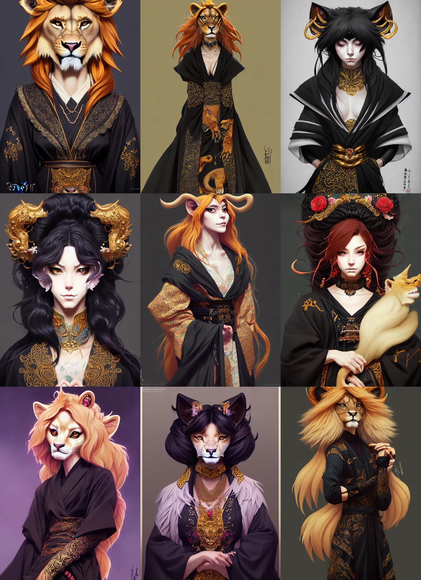 Prompt: beautiful portrait of a female anthropomorphic lioness fursona dressed in a ornate black shinigami kimono. character design by disney, charlie bowater, ross tran, artgerm, and makoto shinkai, detailed, soft lighting, rendered in octane