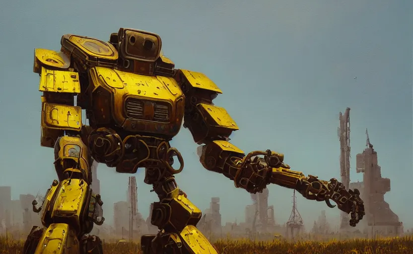 Prompt: an intricate oil painting of a giant armored plated metal mecha by simon stalenhag, rust, yellow and black trim, trending on artstation
