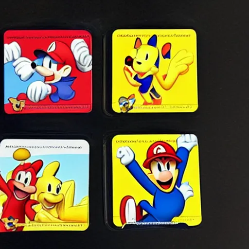 Image similar to photograph of winnie the pooh and super mario and sonic the hedgehog anime style, on pokemon card packs at target