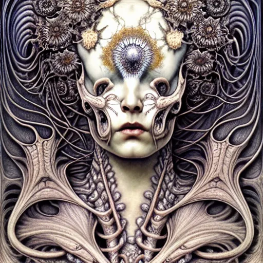 Image similar to detailed realistic beautiful porcelain calaveras goddess portrait by jean delville, gustave dore, iris van herpen and marco mazzoni, art forms of nature by ernst haeckel, art nouveau, symbolist, visionary, gothic, neo - gothic, pre - raphaelite, fractal lace, intricate alien botanical biodiversity, surreality, hyperdetailed ultrasharp octane render