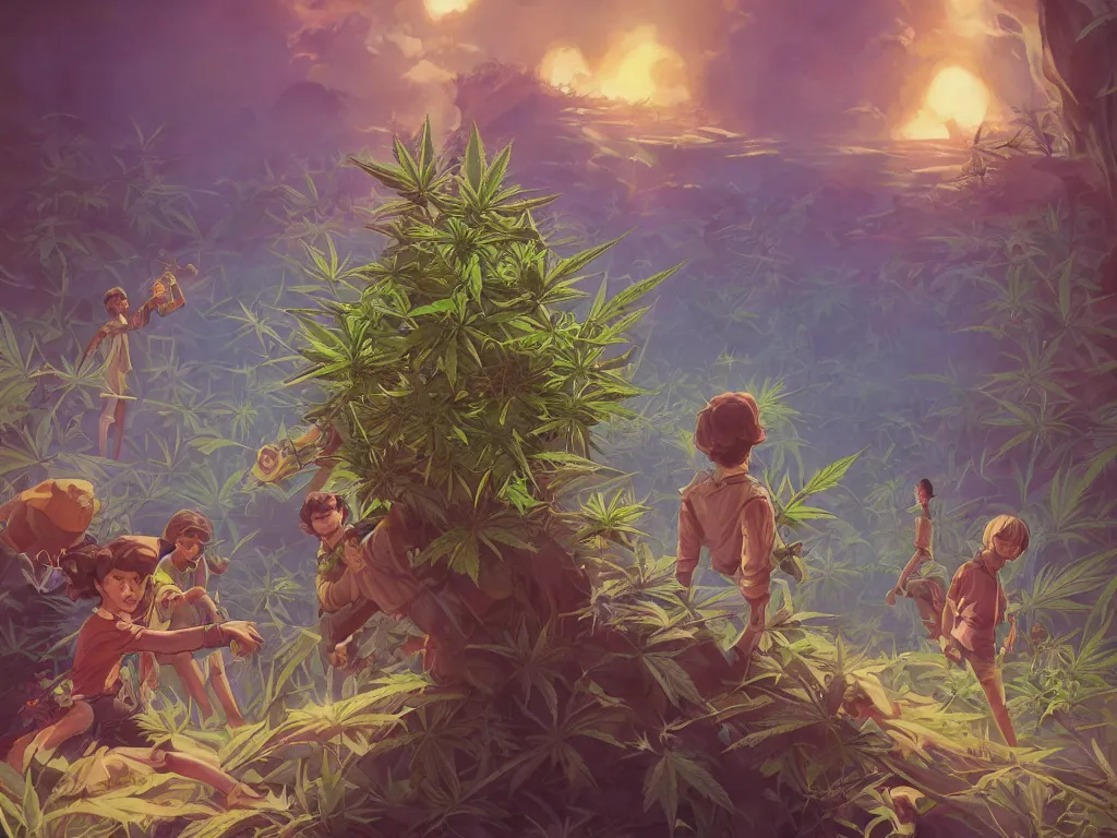 Image similar to cannabis! hemp! marijuana! hero world stranger things, behance hd by jesper ejsing, by rhads, makoto shinkai and lois van baarle, ilya kuvshinov, rossdraws global illumination, golden ratio, symmetrical beauty face