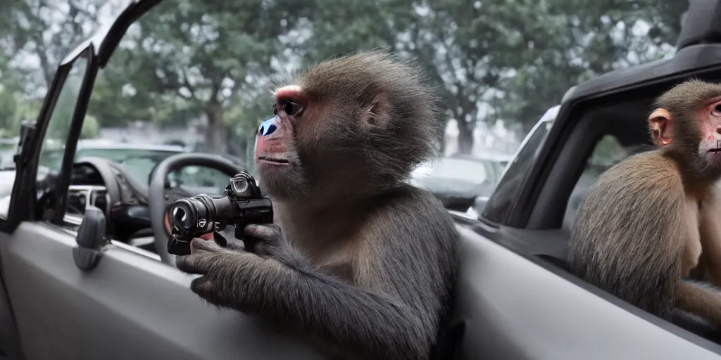 Image similar to a man with a crazy look driving car, a monkey holding a revolver in the back seat, a frightened man next to the driver, hd, ultra realistic, detailed, cinematic