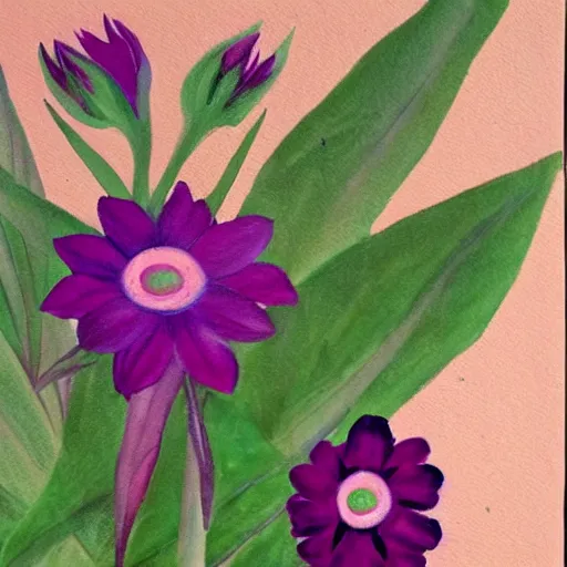 Prompt: A painting of a flower, with petals in shades of pink and purple, and a green stem, in a delicate and detailed style.