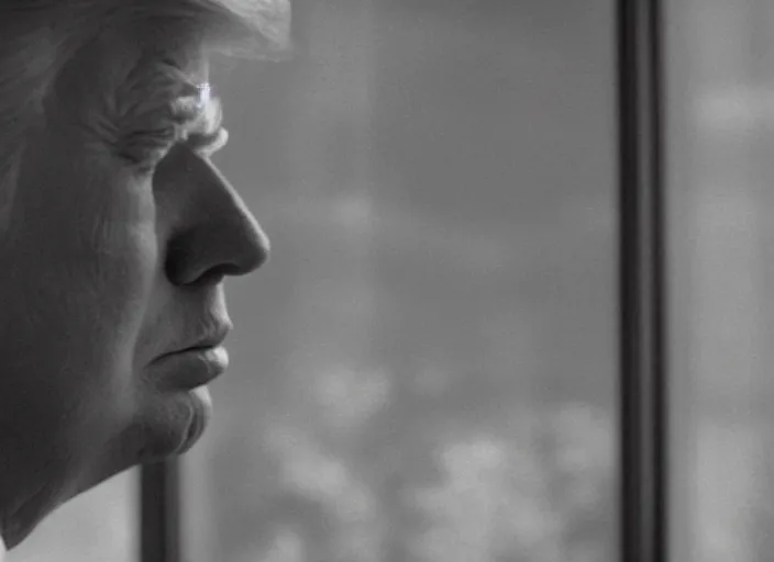 Image similar to screenshot from moody scene of Donald Trump looking out window, in High and Low, 1963 film directed by Akira Kurosawa, kodak film stock, black and white, anamorphic lens, 4K, detailed, stunning cinematography and composition shot by Takao Saito, 70mm