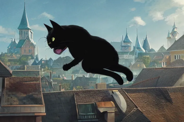 Image similar to a wholesome animation key shot of a black cat jumping between roofs with tiles, medium shot, studio ghibli, pixar and disney animation, sharp, rendered in unreal engine 5, anime key art by greg rutkowski, bloom, dramatic lighting