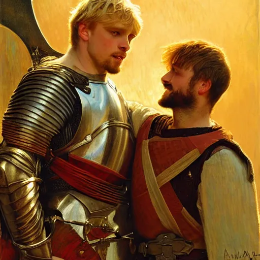 Image similar to attractive arthur pendragon and his attractive male knight, they are in love, natural lighting, path traced, highly detailed, high quality, digital painting, by gaston bussiere, craig mullins, alphonse mucha j. c. leyendecker