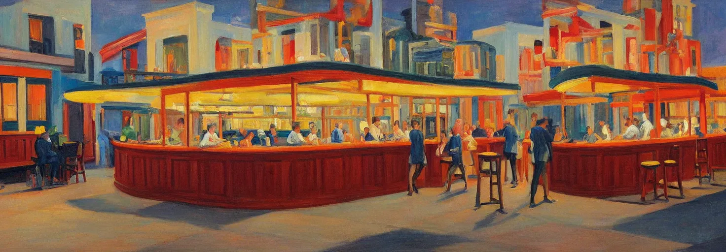 Image similar to a lively bar along the waterfront in the style of an edward hopper painting