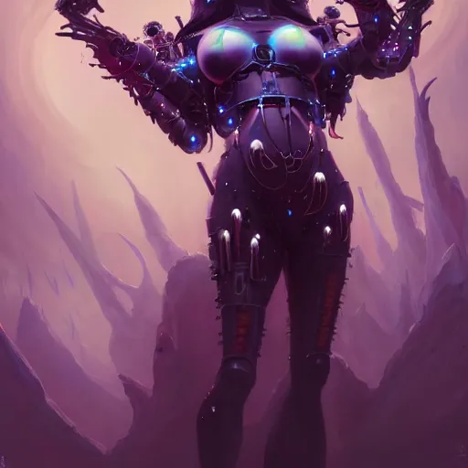 Prompt: a portrait of a beautiful demonic cybernetic grand duchess of hell, cyberpunk concept art by pete mohrbacher and wlop and artgerm and josan gonzales, digital art, highly detailed, intricate, sci-fi, sharp focus, Trending on Artstation HQ, deviantart, unreal engine 5, 4K UHD image