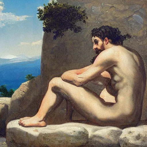 Prompt: painting of a thinking man sitting on a stone surrounded by beautiful women, greek