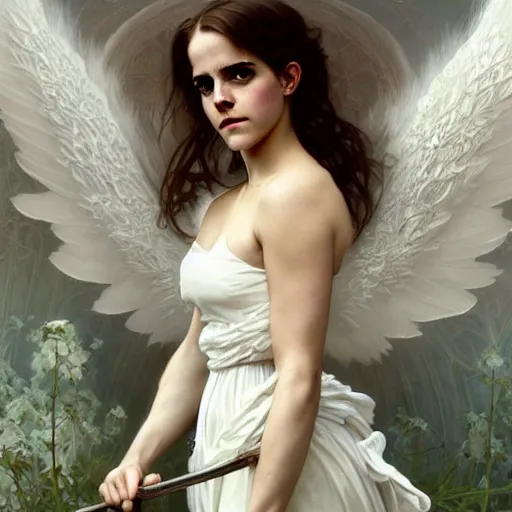 Prompt: emma watson as an angel, white lace, highly detailed, digital painting, matte, sharp focus, art by artgerm, greg rutkowski, alphonse mucha, frank frzetta, boris vallejo, bouguereau, beksinski, cinematic