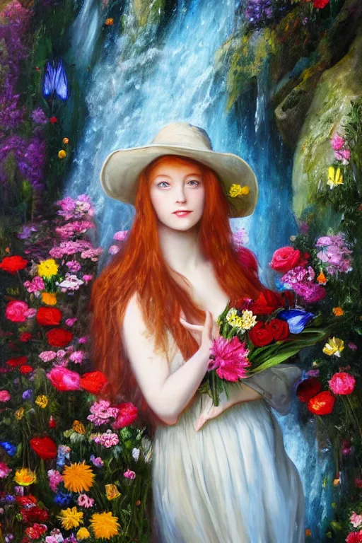 Image similar to oil painting, romanticism, redheaded girl wearing a hat of flowers and dress of fresh flowers, decorated with flowers, waterfall cave, roses, lilies, chrysanthemums, irises, water drops, water jets, overhead light, 4 k, 8 k