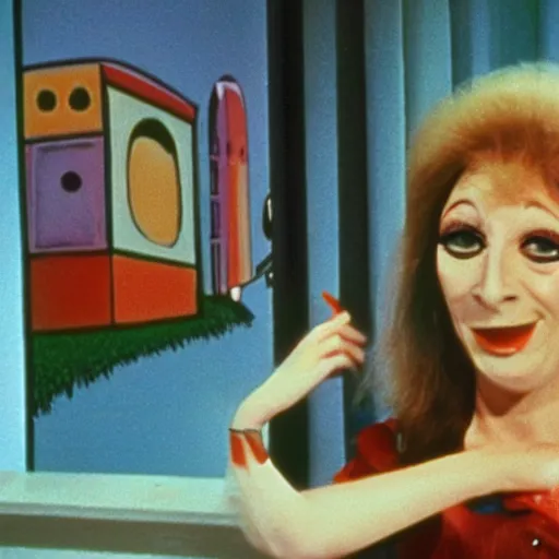 Image similar to 1976 woman on a children's television show with a long pickle snout nose, wearing a dress, in the city, 1976 French film archival footage technicolor film expired film 16mm Fellini new wave John Waters Russ Meyer movie still