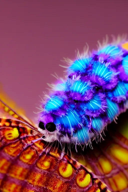 Image similar to high quality macro photo cute puss moth caterpillar! highly detailed hannah yata elson peter cinematic blue lighting high quality low angle hd 8k sharp shallow depth of field