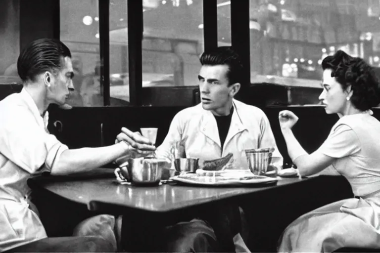 Prompt: beautiful couple arguing in a New York diner 1950s, by Roger Deakins