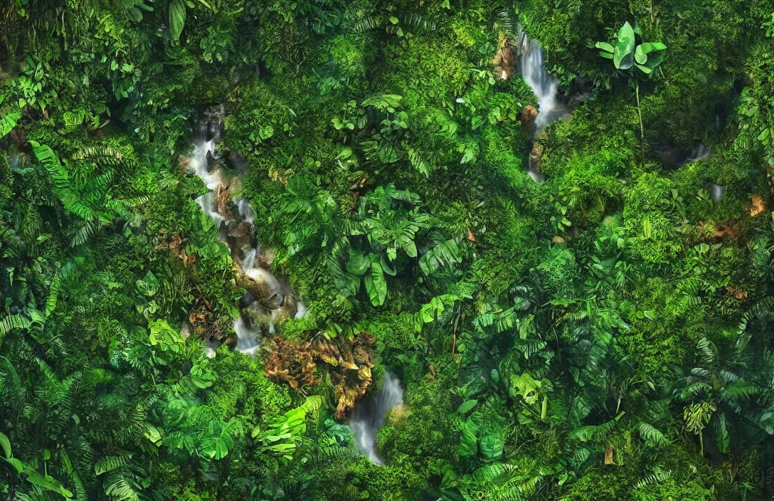 Image similar to a jungle in amazon, detailed dreamscape, hyperreal phantastic, drone shot, intricate details in environment, golden ratio, high aestehtic, waterfalls and lakes, cinematic light dramatic light, lightrays, in the style of terrence mallick cinematography, trending on artstation