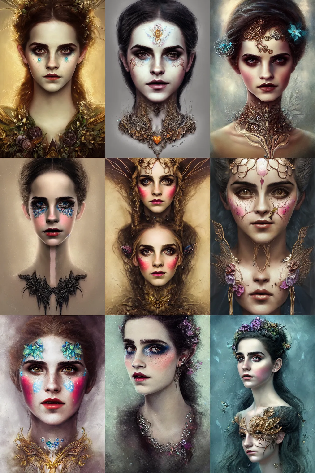 Prompt: portrait of a fairy with her mouth wide open, symmetric, facepaint facepaint facepaint, intricate jewelry, trending on artstation 4 k, in the style of karol bak and tom bagshaw, bust with face of emma watson