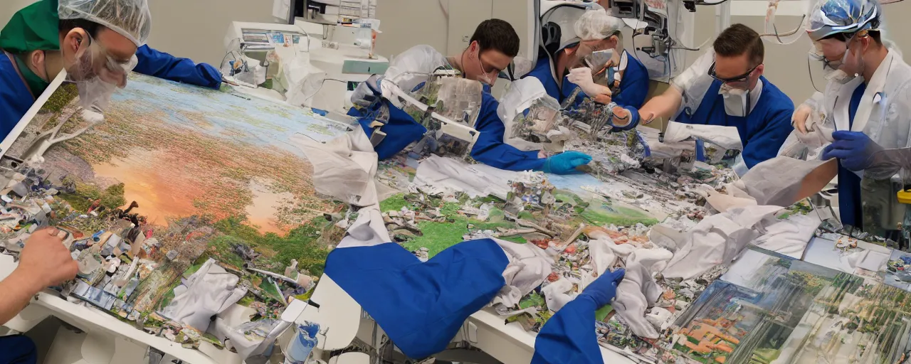 Prompt: three surgeons performing an operation on a 1000 piece jigsaw puzzle of a landscape on an operating table