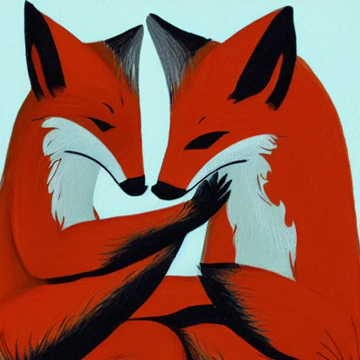 Prompt: Two foxes hugging each other lovingly