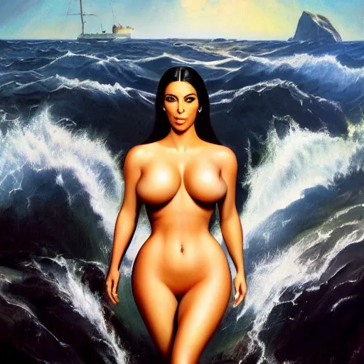 Prompt: ultra realistic portrait painting of kim kardashian in ocean's 8, art by frank frazetta, 4 k, ultra realistic, highly detailed, epic lighting.