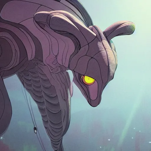 Image similar to concept art painting of an alien animal creature, detailed, cel shaded, in the style of makoto shinkai and moebius and james gurney