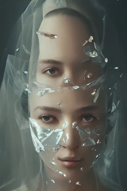 Image similar to A fancy portrait of a women wearing a lower face crystal mask by Greg Rutkowski, beeple, Sung Choi, Mitchell Mohrhauser, Maciej Kuciara, Johnson Ting, Maxim Verehin, Peter Konig, final fantasy, macro lens, 35mm, 8k photorealistic, cinematic lighting, HD, high details, dramatic, dark atmosphere, trending on artstation