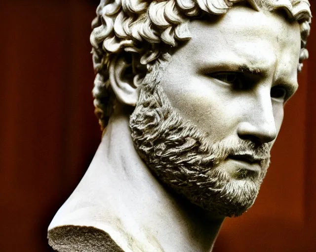 Image similar to a high quality photograph ryan reynolds as a roman marble bust. cinematic lighting.