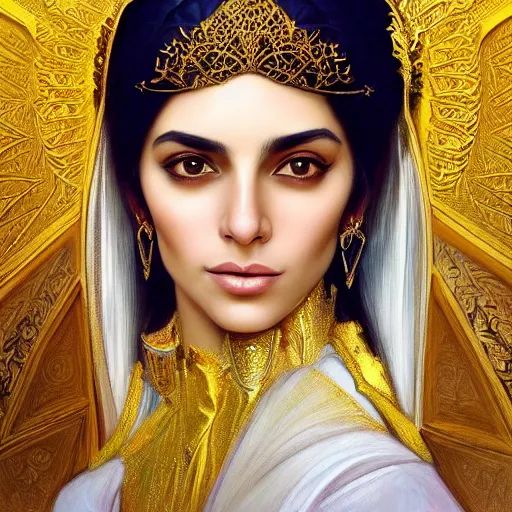 Image similar to Beautiful portrait of a Persian Princess who is an architect, beautiful princess, face painting, architecture, persian style architecture, dramatic lighting, intricate, wild, highly detailed, digital painting, artstation, concept art, smooth, sharp focus, illustration, gold+yellow+white+Turquoise, art by artgerm and greg rutkowski and alphonse mucha, footage from space camera