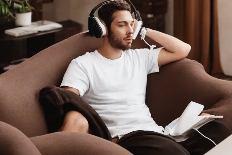 Image similar to a man that is deep in thought is wearing a white t - shirt and he is wearing black sweat pants and he is wearing over the ear headphones and he is relaxing in a brown leather chair that is in the reclining position