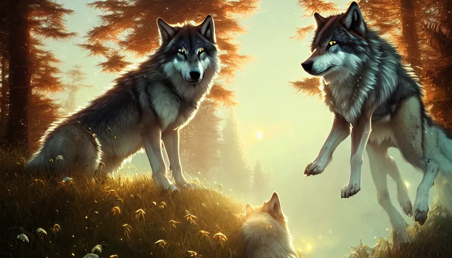 Prompt: dreamy fantasy pack of wolves, bright, white, epic scene, highly detailed, high quality, 8 k, 4 k, octane render, digital painting, alena aenami, lilia alvarado, shinji aramaki, karol bak, alphonse mucha, tom bagshaw