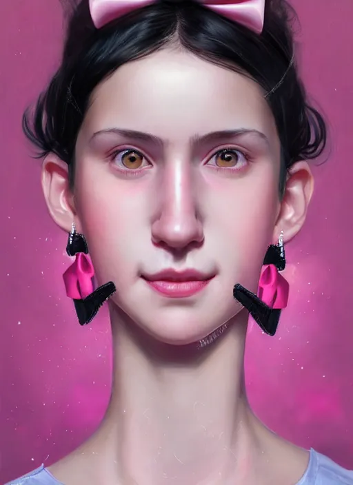 Image similar to portrait of teenage girl, realistic, black hair, bangs, half updo hairstyle, pointy nose, skinny, smile, ugly, defined jawline, big chin, pink hair bow, earrings, intricate, elegant, glowing lights, highly detailed, digital painting, artstation, sharp focus, illustration, art by wlop, mars ravelo and greg rutkowski