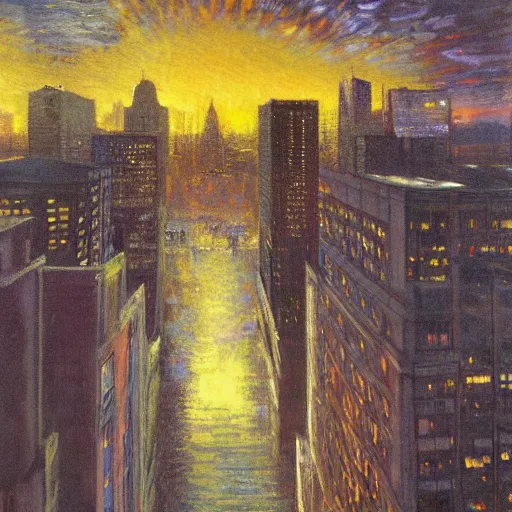 Image similar to impressionistic full - color painting of a distorted mirror reflecting a nightmarish boston downtown skyline in 1 9 2 5 at night with a horrifying sky, aerial view, dark, brooding, night, atmospheric, horror, cosmic, ultra - realistic, smooth, highly detailed by dave dorman