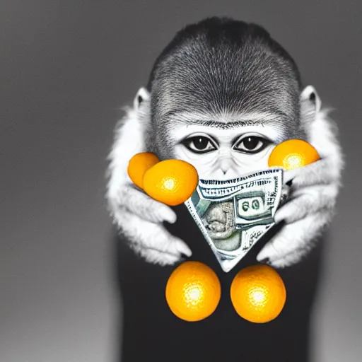 Image similar to monkey holding money, chromatic, crepuscular rays, dslr, caravaggio, citrus, dof