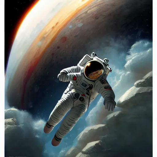 Image similar to astronaut falling through the clouds in jupiter, by cedric peyravernay, highly detailed, excellent composition, cinematic concept art, dramatic lighting, trending on artstation