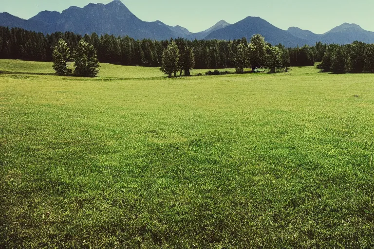 Image similar to film color photography, small mirror in distance, long view of green lawn, no focus, mountains in distance, 35mm