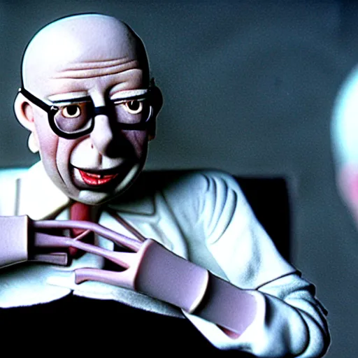 Image similar to claymation klaus schwab by jan svankmajer, hyperrealistic, very detailed, tim burton, 3 5 mm film still, gothic, horror, eldritch