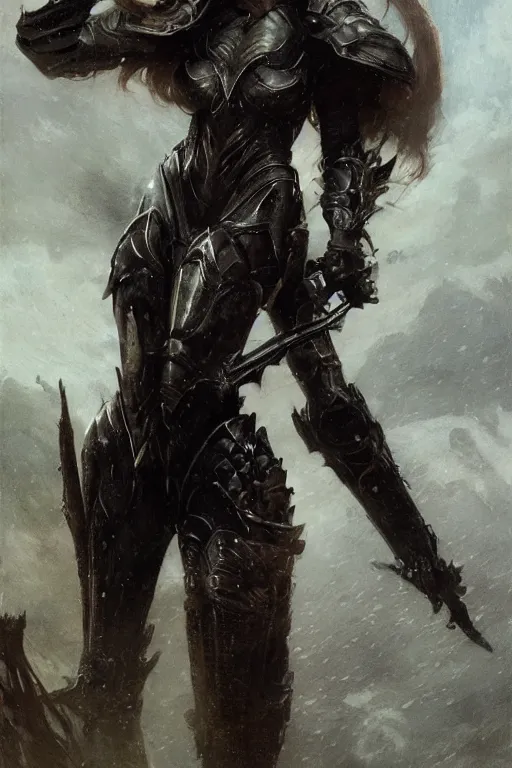 Image similar to muscular redhead kat dennings wearing black armour, bare legs, detailed, by gaston bussiere, bayard wu, greg rutkowski, giger, maxim verehin, greg rutkowski, masterpiece, sharp focus, cinematic lightning