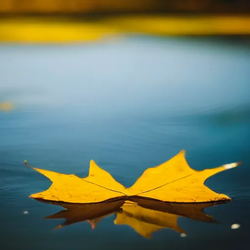 Image similar to close - up of a yellow maple leaf floating on top of a pond