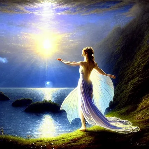 Prompt: an elegant fairy queen in a blue lace dress dancing looking out at a lord of the rings scenery landscape, staring across the sea at a white timber sail boat, sunrise, god's rays highly detailed, vivid colour, soft clouds, full moon, cinematic lighting, perfect composition, gustave dore, derek zabrocki, greg rutkowski, belsinski