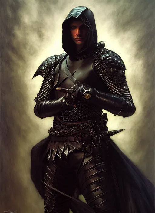 Prompt: male thief, dagger, leather armor, full body, hyper realistic, extremely detailed, dnd character art portrait, dark fantasy art, intricate fantasy painting, dramatic lighting, vivid colors, deviantart, artstation, by edgar maxence and caravaggio and michael whelan and delacroix.