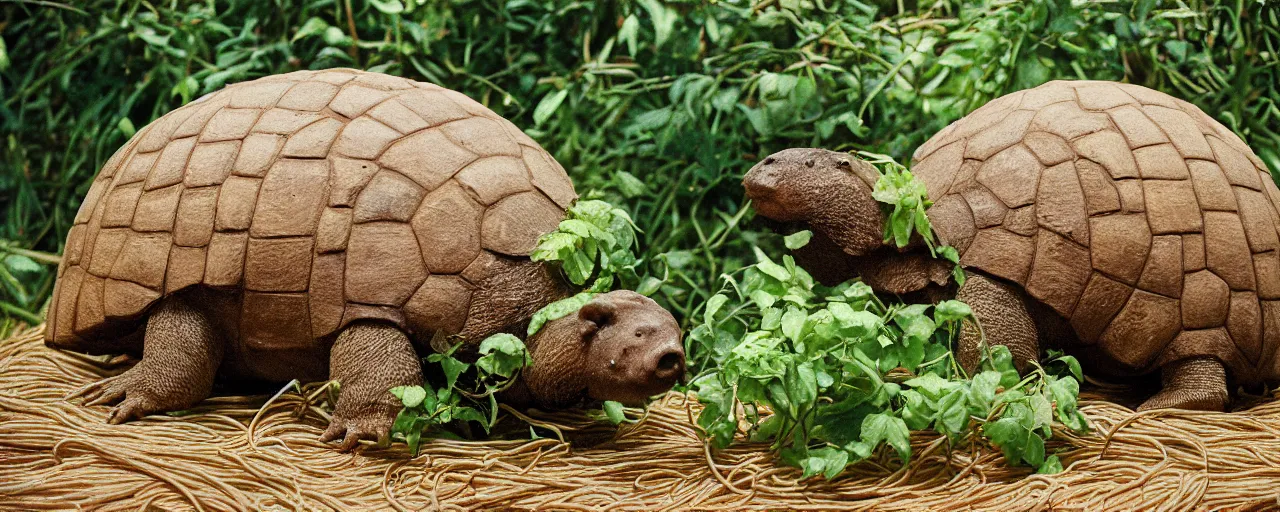 Image similar to a glyptodon eating from a spaghetti plant, pre - historic, in the style of carl warner, canon 5 0 mm, kodachrome,