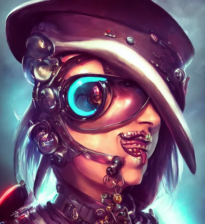 Image similar to a portrait of a space pirate with neon teeth, retro, steampunk, smooth, sharp focus, concept art by artgerm