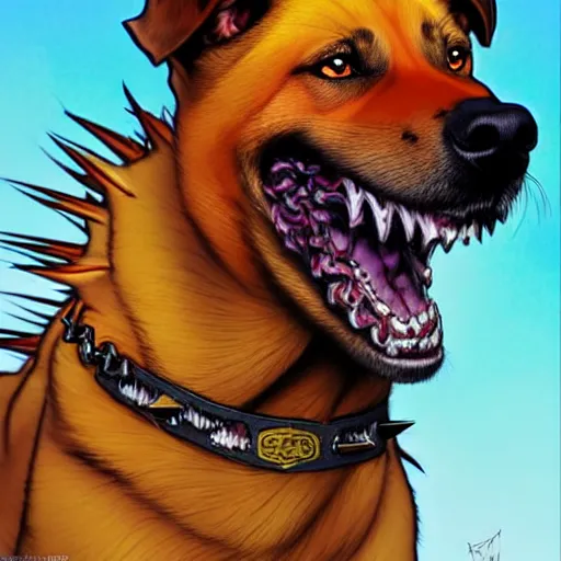 Image similar to orange and brown skinned dog with crazed eyes, and a strained toothy grin smile. has spiky long unwashed hair. he wears a metalic dog collar, smooth, sharp focus, illustration, art by artgerm and greg rutkowski and alphonse mucha