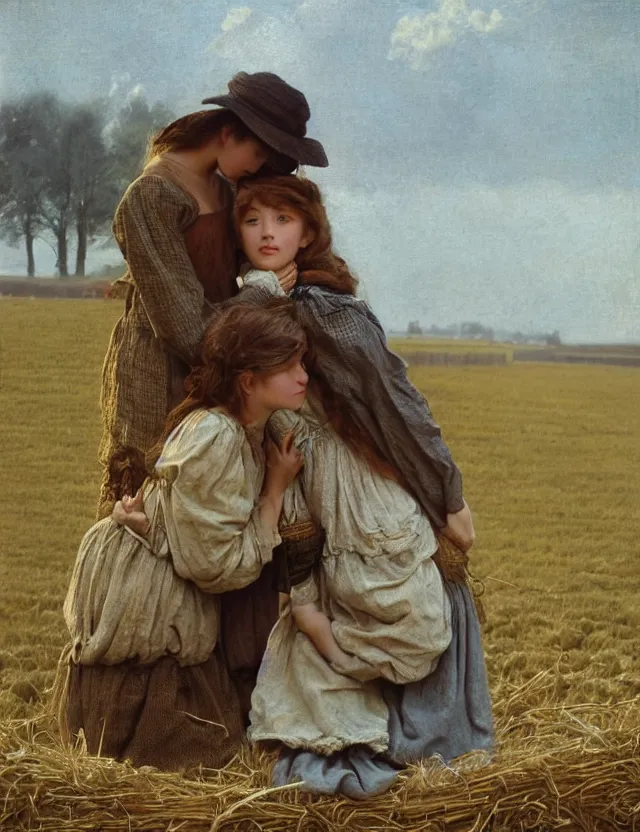 Image similar to two peasant girl secretly kiss hiding over a stack of hay lolita style, Cottage core, Cinematic focus, Polaroid photo, vintage, neutral colors, soft lights, foggy, by Steve Hanks, by Serov Valentin, by Andrei Tarkovsky, by Terrence Malick, 8k render, detailed, oil on canvas