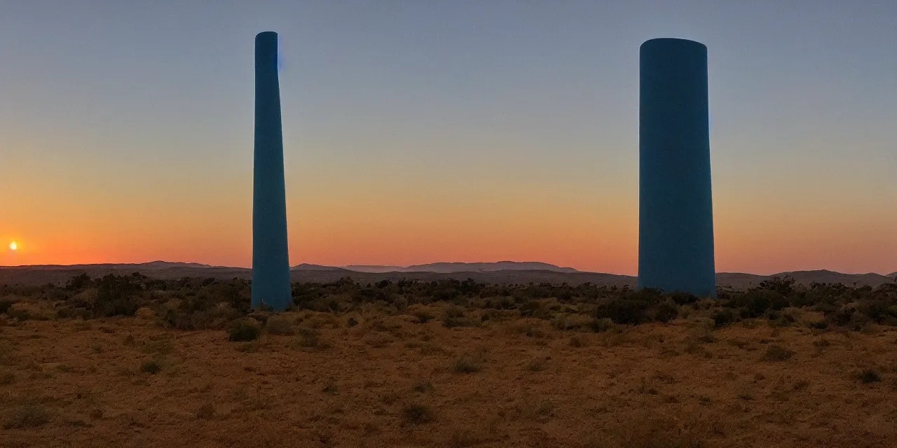 Prompt: twilight on a blue desert, organic tower in the middle distance, green tinged sky with a red sun