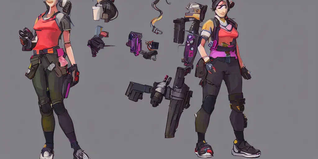 Prompt: character concept art of a mid 2 0's female casual themed outfit, colorful, no helmet, by qui fang and daryl tan, overwatch, studio trigger