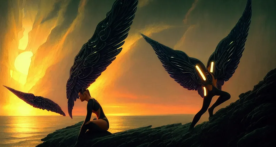 Image similar to tron wings in front surreal sunset, cliffside ocean scene, backlit, aesthetic, diffuse lighting, hyper realistic, elegant, intricate, hyper detailed, smooth, sharp focus, concept art, illustration, trending on artstation, art by artem demura, greg rutkowski, james gurney, and alphonse mucha