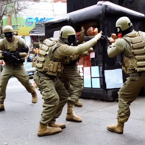 Prompt: swat team fighting each for delicious donuts.