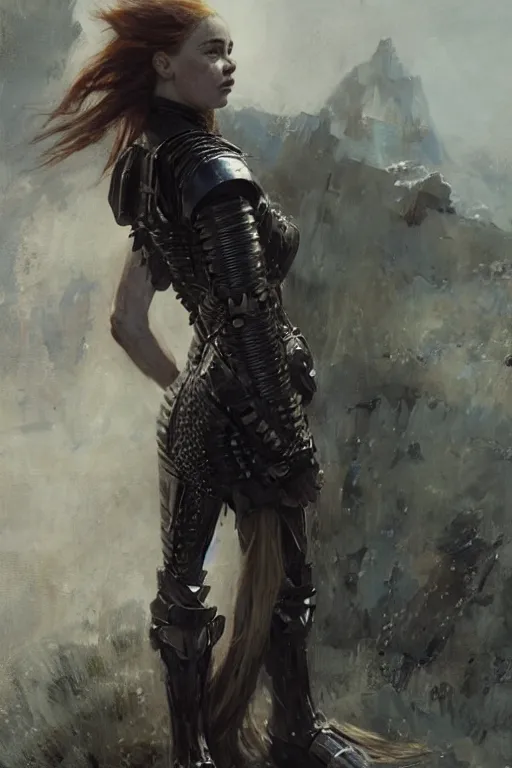 Image similar to redhead emilia clarke wearing black geometric armour, bare legs, detailed, by gaston bussiere, bayard wu, greg rutkowski, giger, maxim verehin, greg rutkowski, masterpiece, sharp focus, cinematic lightning