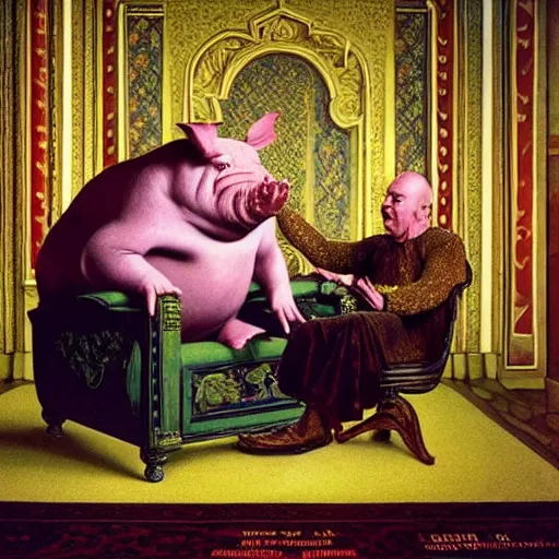 Prompt: a hyper realistic royal pig sits in his throne as a jester begs for his life moments before his demise, highly detailed, by zdzisław beksinski and norman rockwell and greg rutkowskiweta studio, and lucasfilm